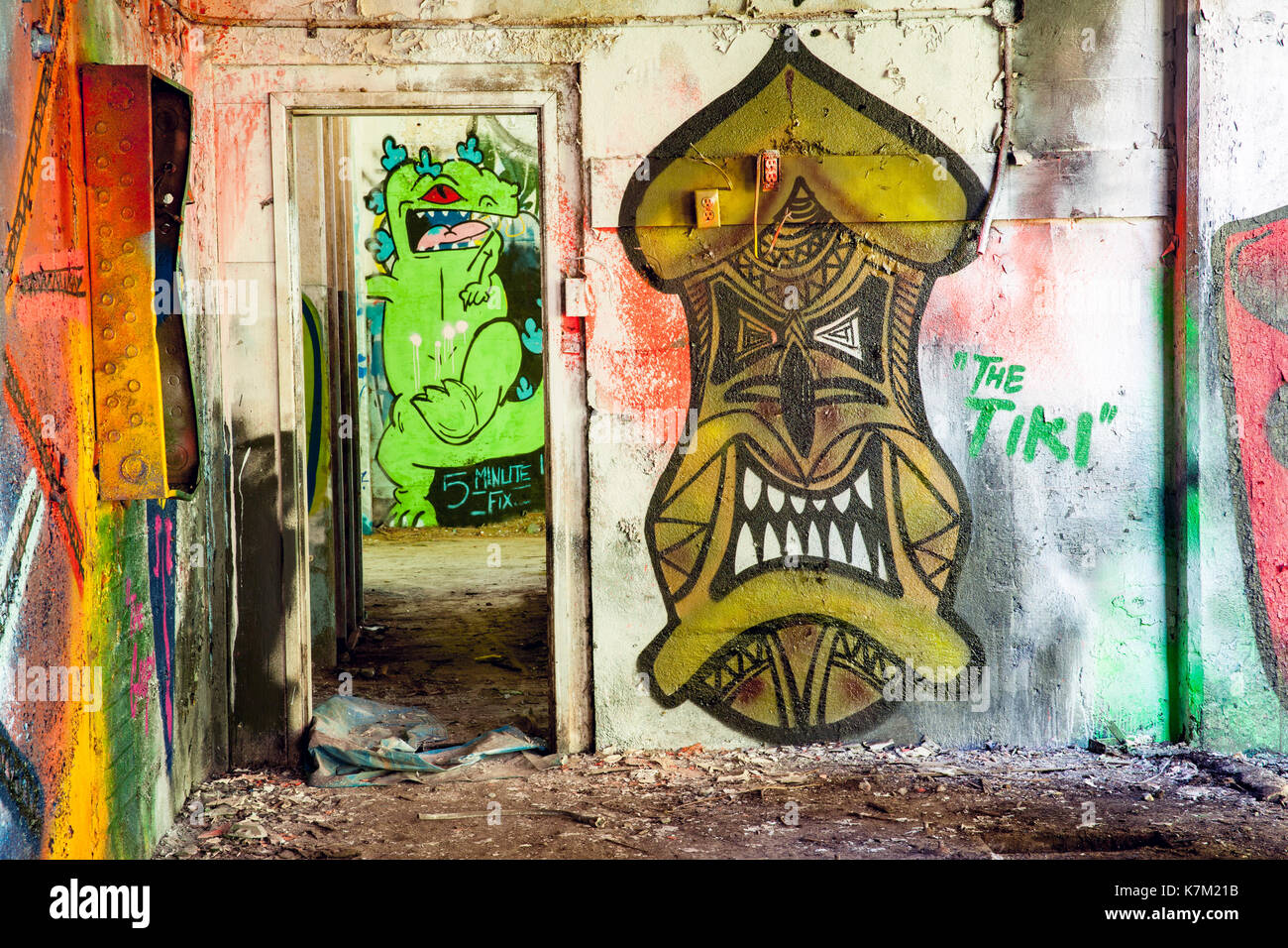 Colorful Graffiti at Abandoned Power Station near Jordan River, Vancouver Island, British Columbia, Canada Stock Photo