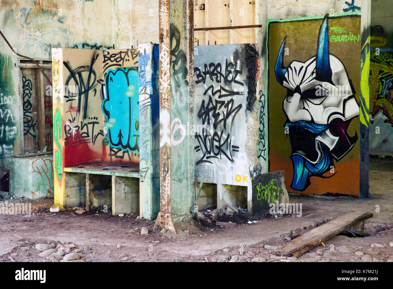 Colorful Graffiti at Abandoned Power Station near Jordan River, Vancouver Island, British Columbia, Canada Stock Photo