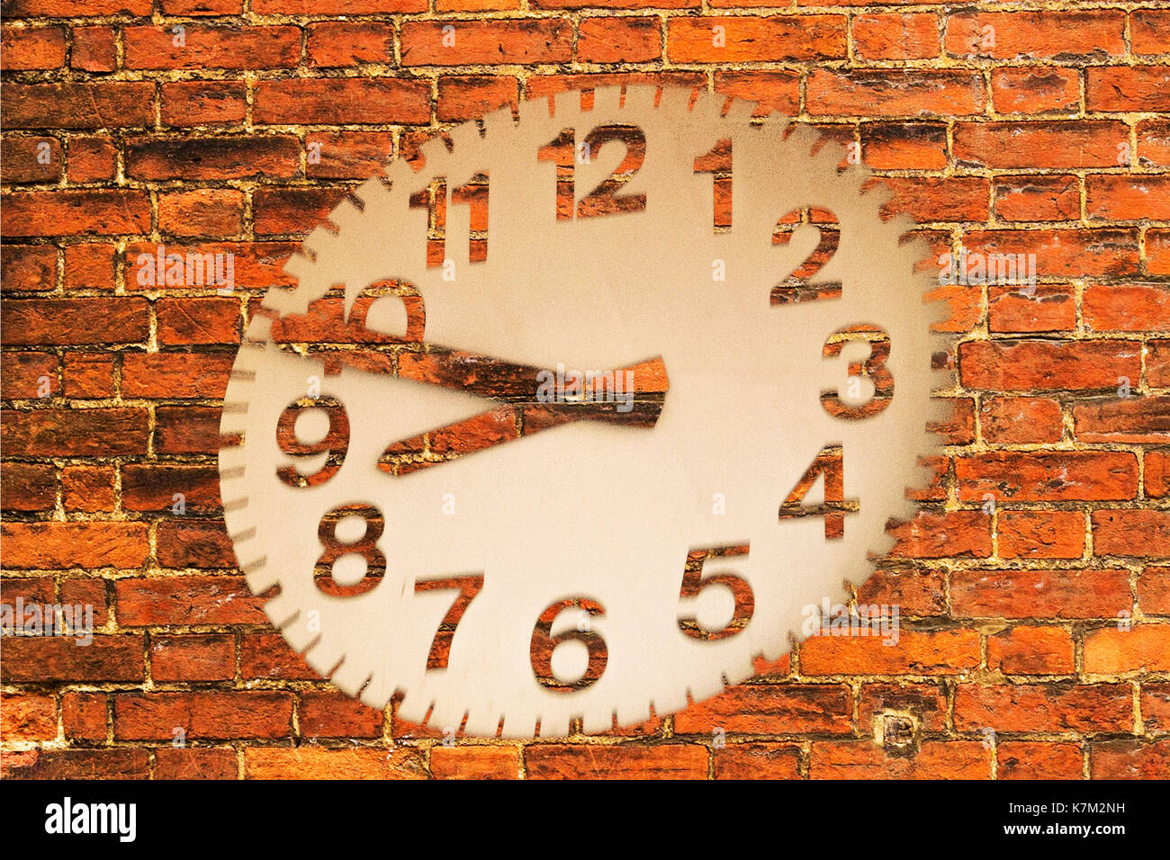 red round wall clock on brick wall Stock Photo Alamy