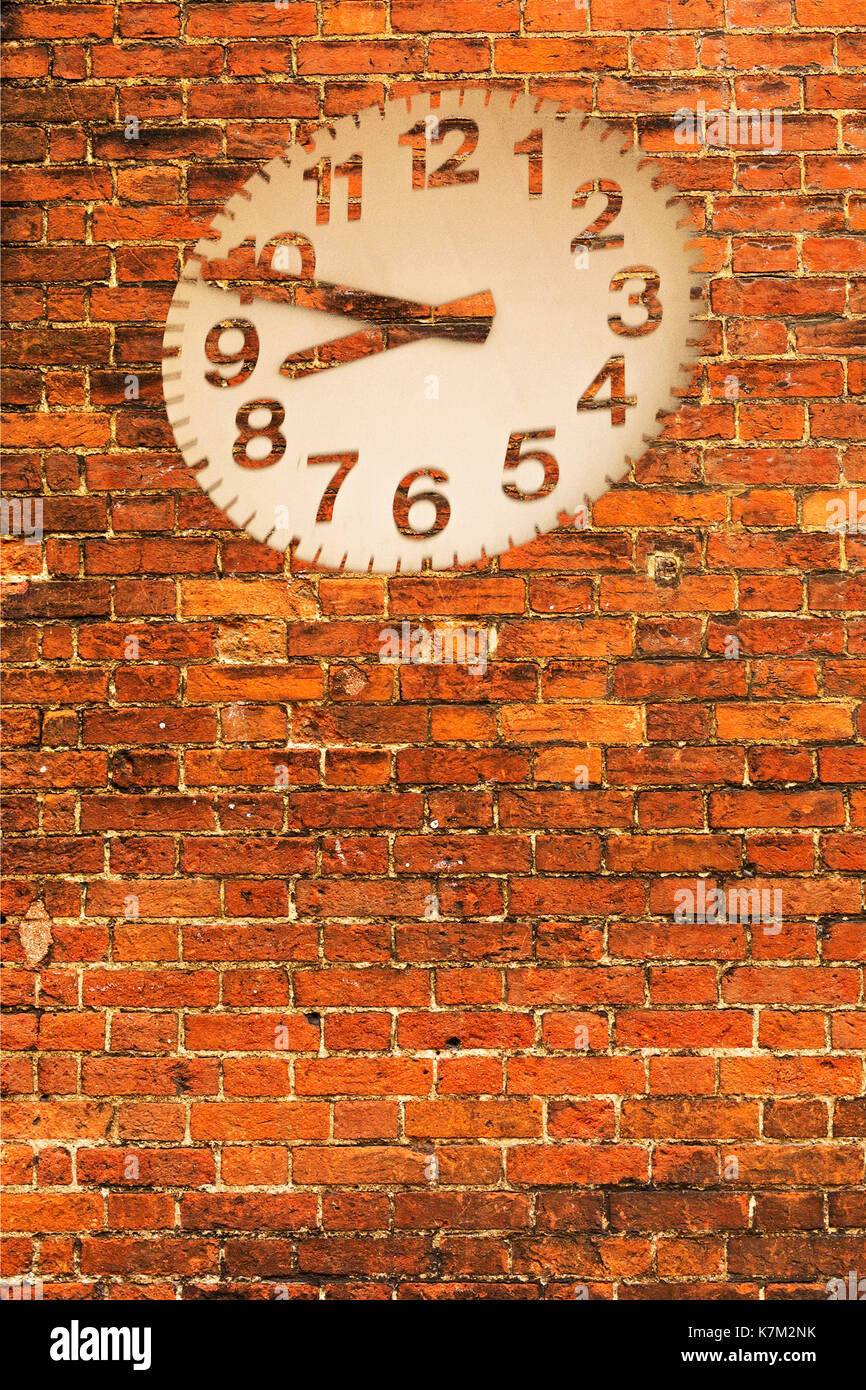 red round wall clock on brick wall Stock Photo Alamy