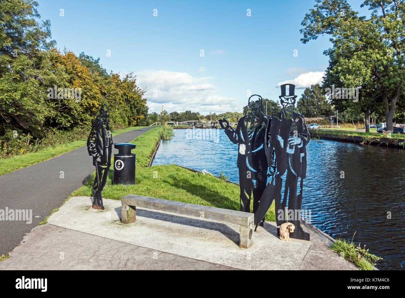 Sculptures of local heros on Canal Street near Lock Sixteen at the Forth and Clyde Canal  in Camelon Falkirk Scotland UK Stock Photo