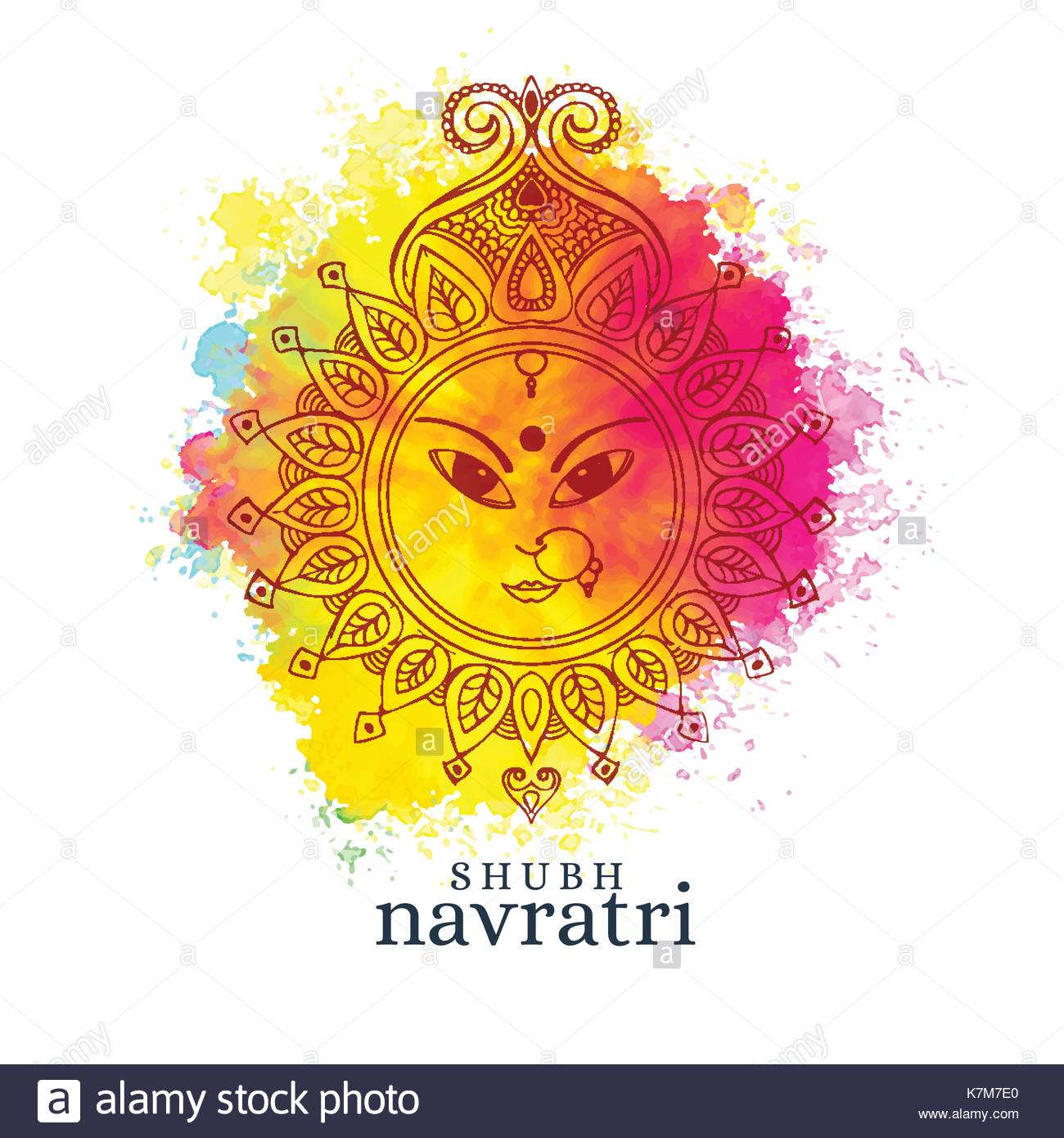 Happy Navratri Illustration With Maa Durga Face On Watercolor