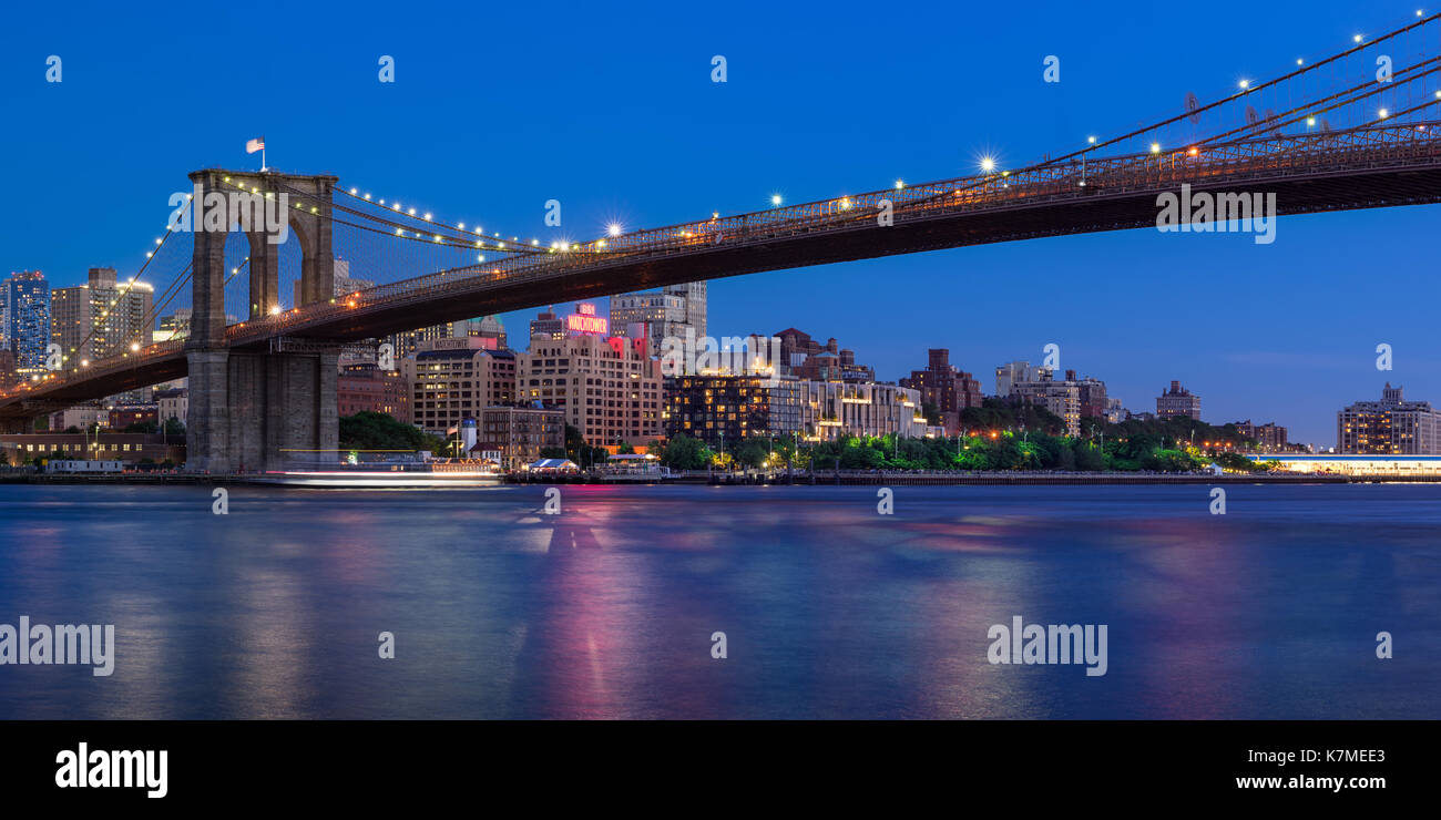 Brooklyn waterfront next to the Brooklyn Bridge Park at twilight. New