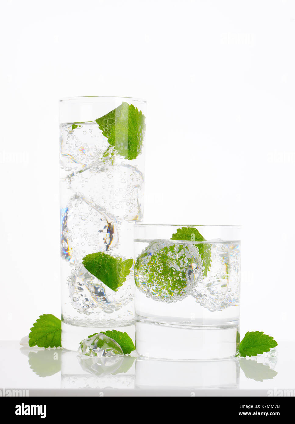 fresh water with ice and mint on white background Stock Photo