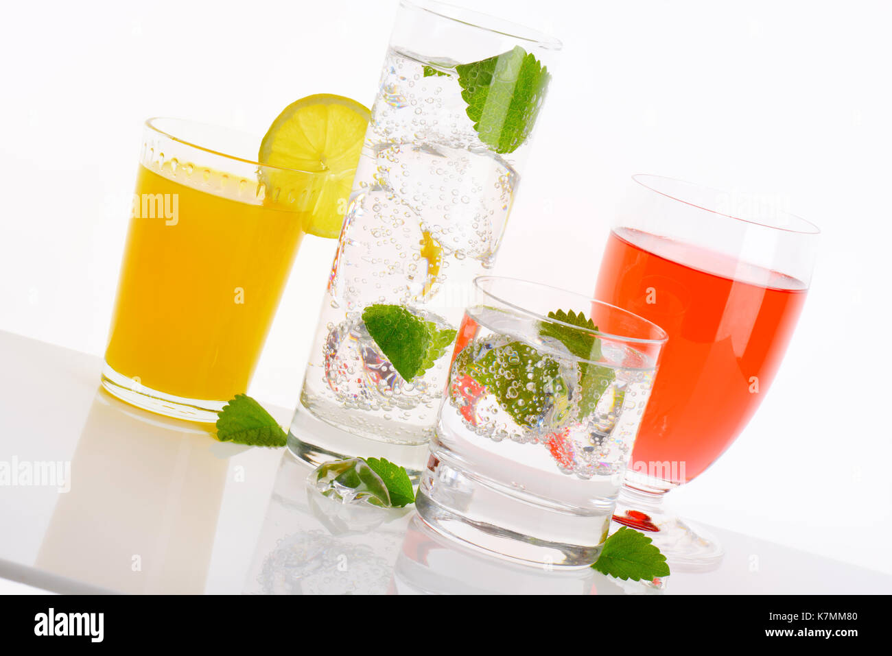 variety of summer cold drinks on white background - close up Stock Photo