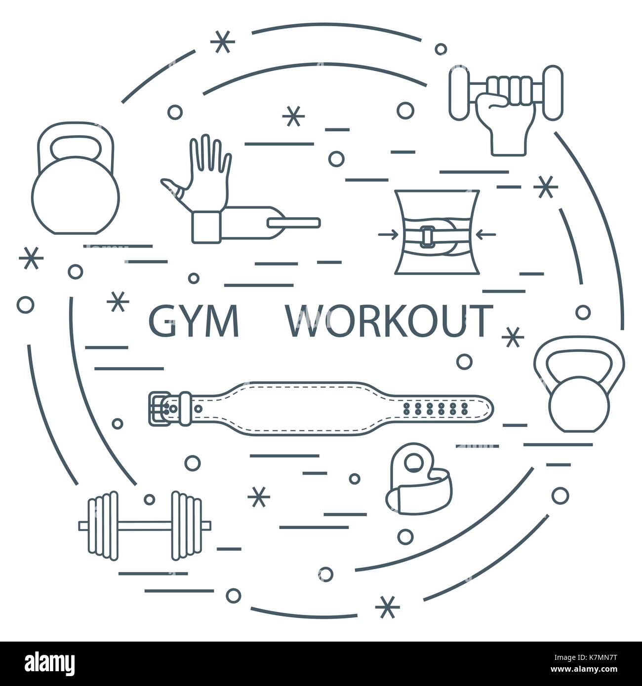 Powerlifting gym workout elements arranged in a circle. Template for your design, banner, poster ...