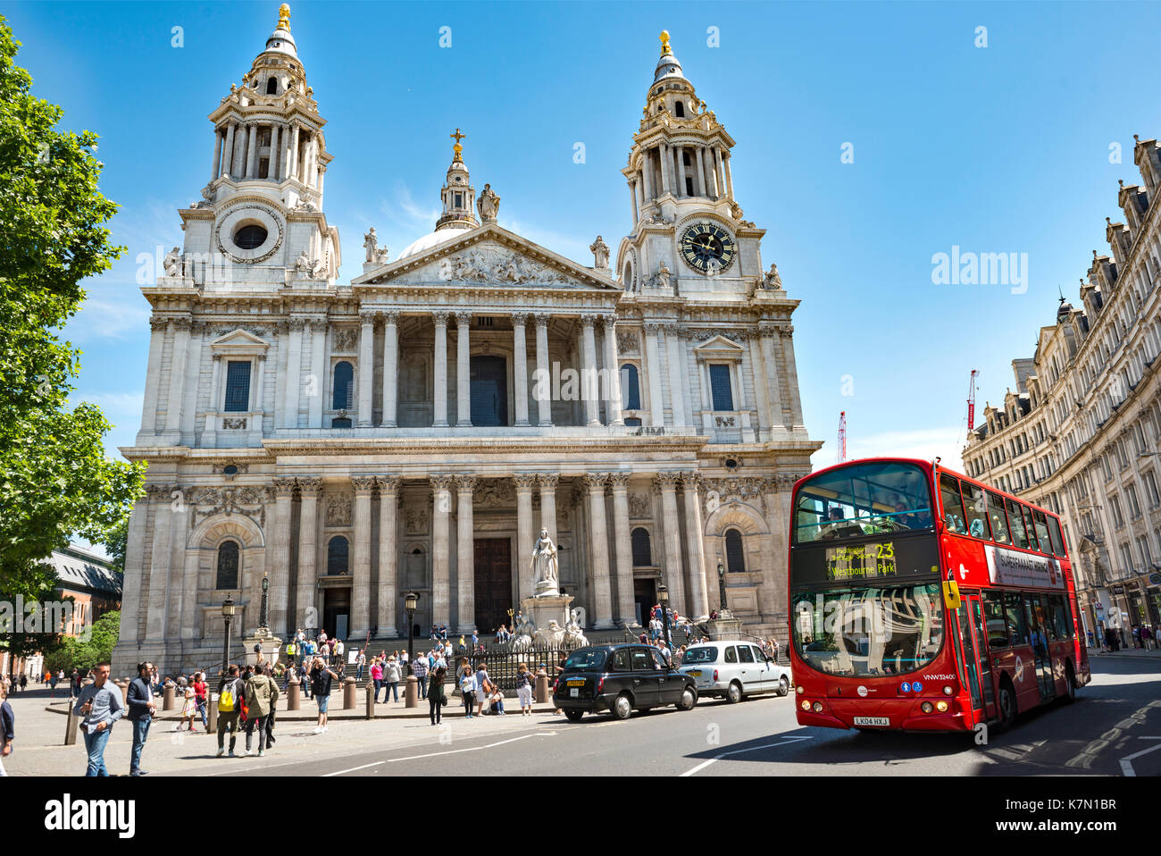 Red double-decker bus, St. Paul's Cathedral, London, England, Great Britain Stock Photo