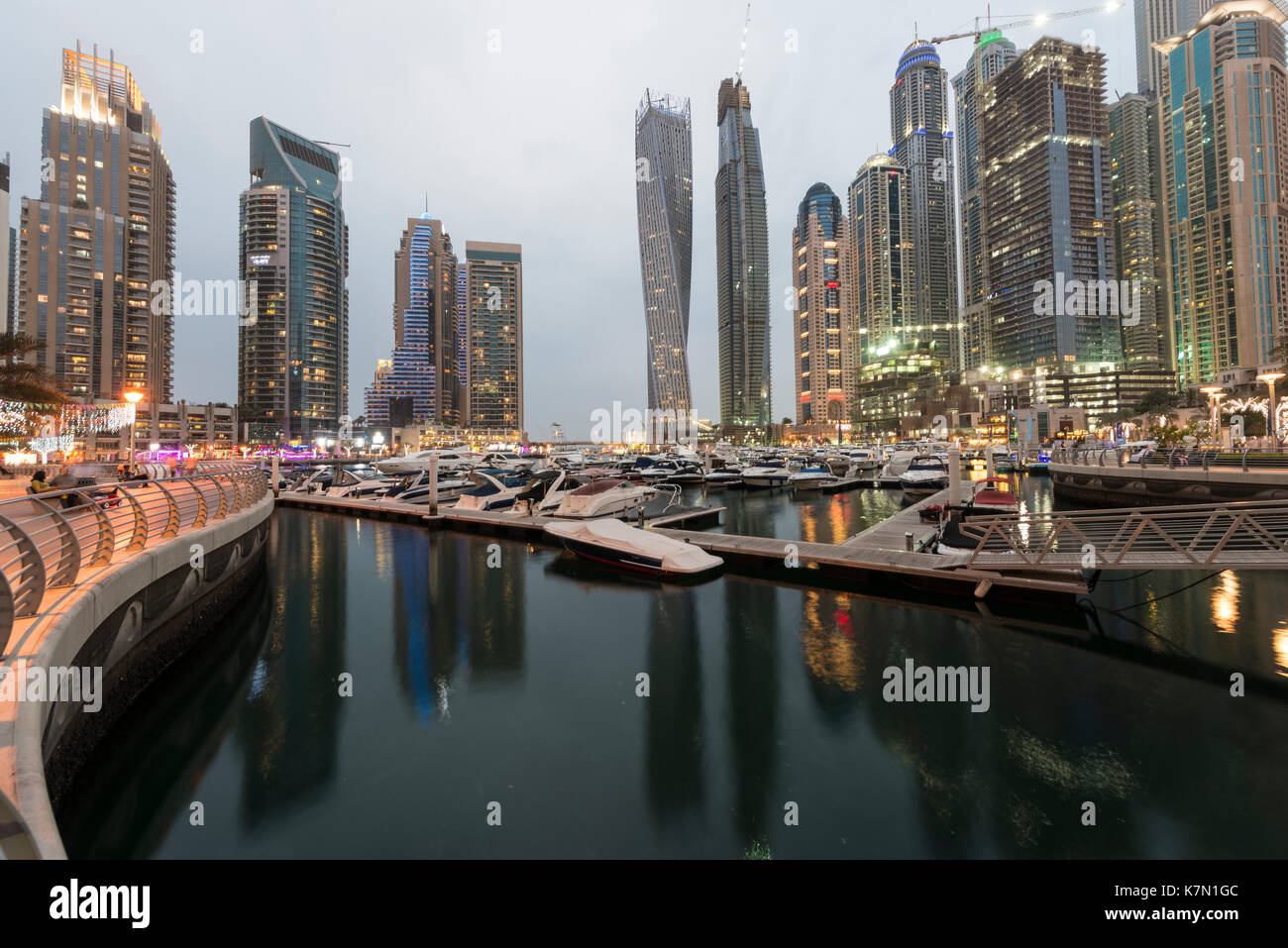 Marina, skyscraper at dusk, Dubai Marina, Dubai, United Arab Emirates Stock Photo