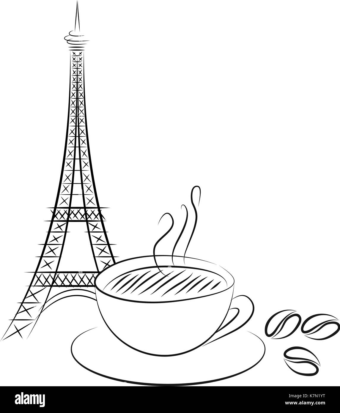 Icon of Eiffel tower and cup of coffee on white background. Vector illustration Stock Vector