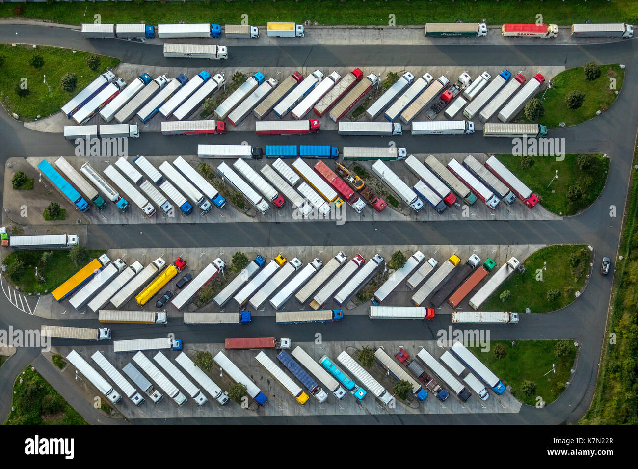 Raststätte Rhynern-Süd, Motorway A2, truck rest area, full car park, lorry, driving times, herringbone pattern Stock Photo