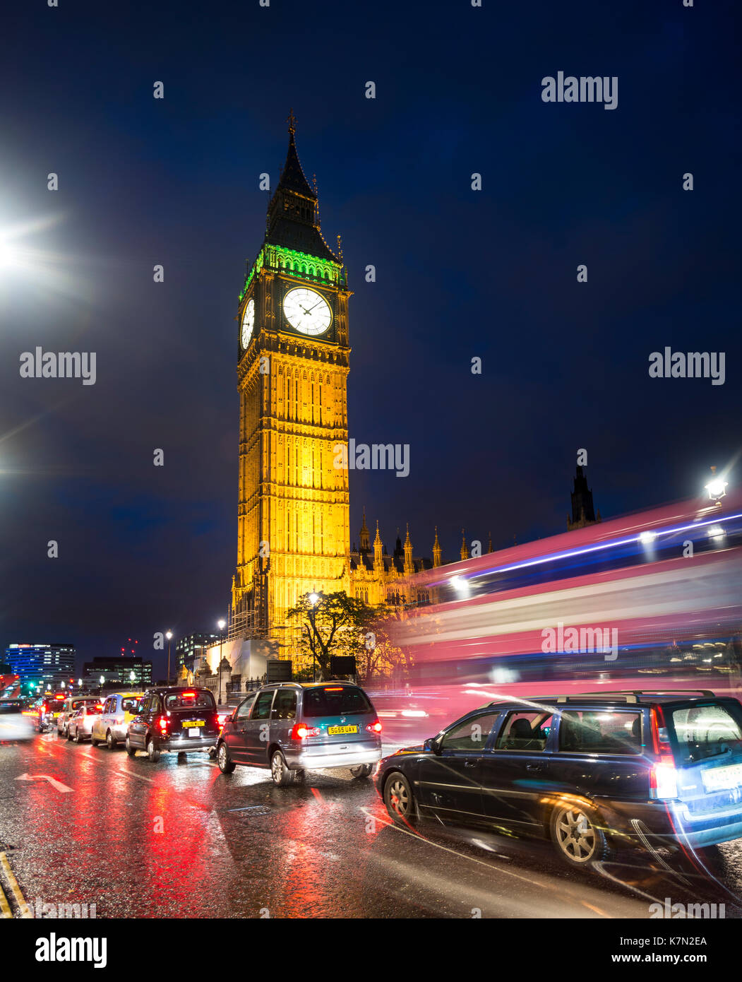 Big Ben, Houses of Parliament, Light Traces, Night Scene, City of Westminster, London, Region London, England, Great Britain Stock Photo