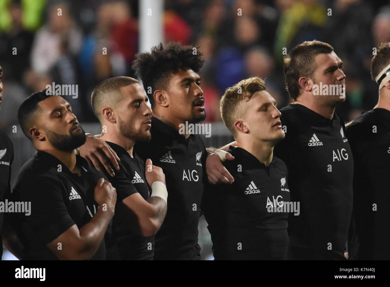 Auckland, New Zealand. 16th Sep, 2017. New Zealand national anthem before the Rugby Championship test match between the New Zealand All Blacks and the South Africa Springboks at QBE stadium in Auckland on Sep 16, 2017. All Blacks beats Springboks 57-0. Credit: Shirley Kwok/Pacific Press/Alamy Live News Stock Photo