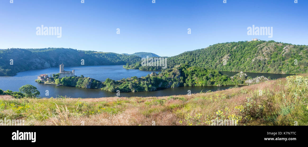 France, Loire, Saint Just Saint Rambert, Grangent lake, Chateau de Grangent on Grangent island Stock Photo