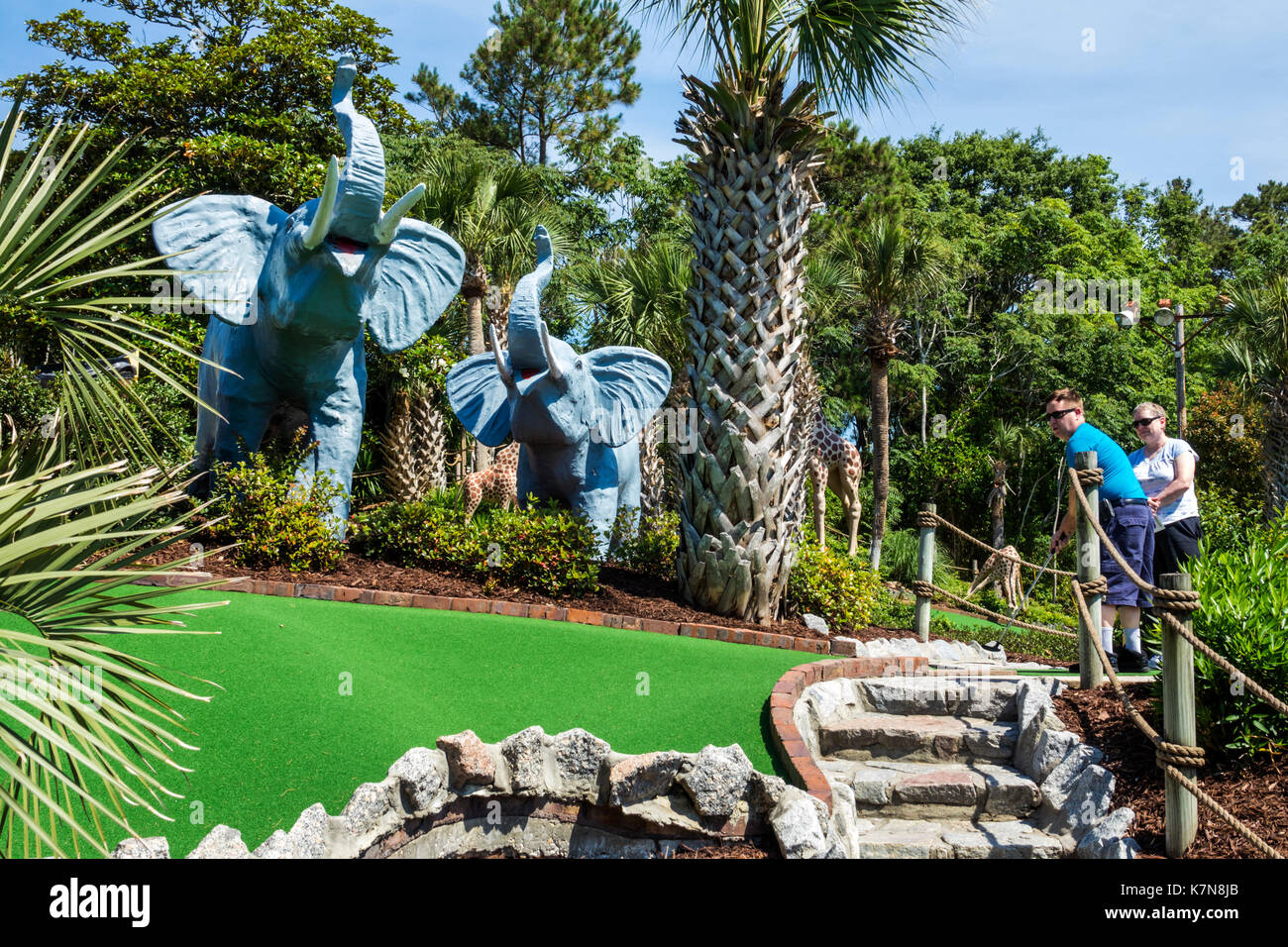 Myrtle Beach South Carolina,Jungle Safari Golf,mini-golf course,elephant,fiberglass statue,miniature,visitors travel traveling tour tourist tourism la Stock Photo