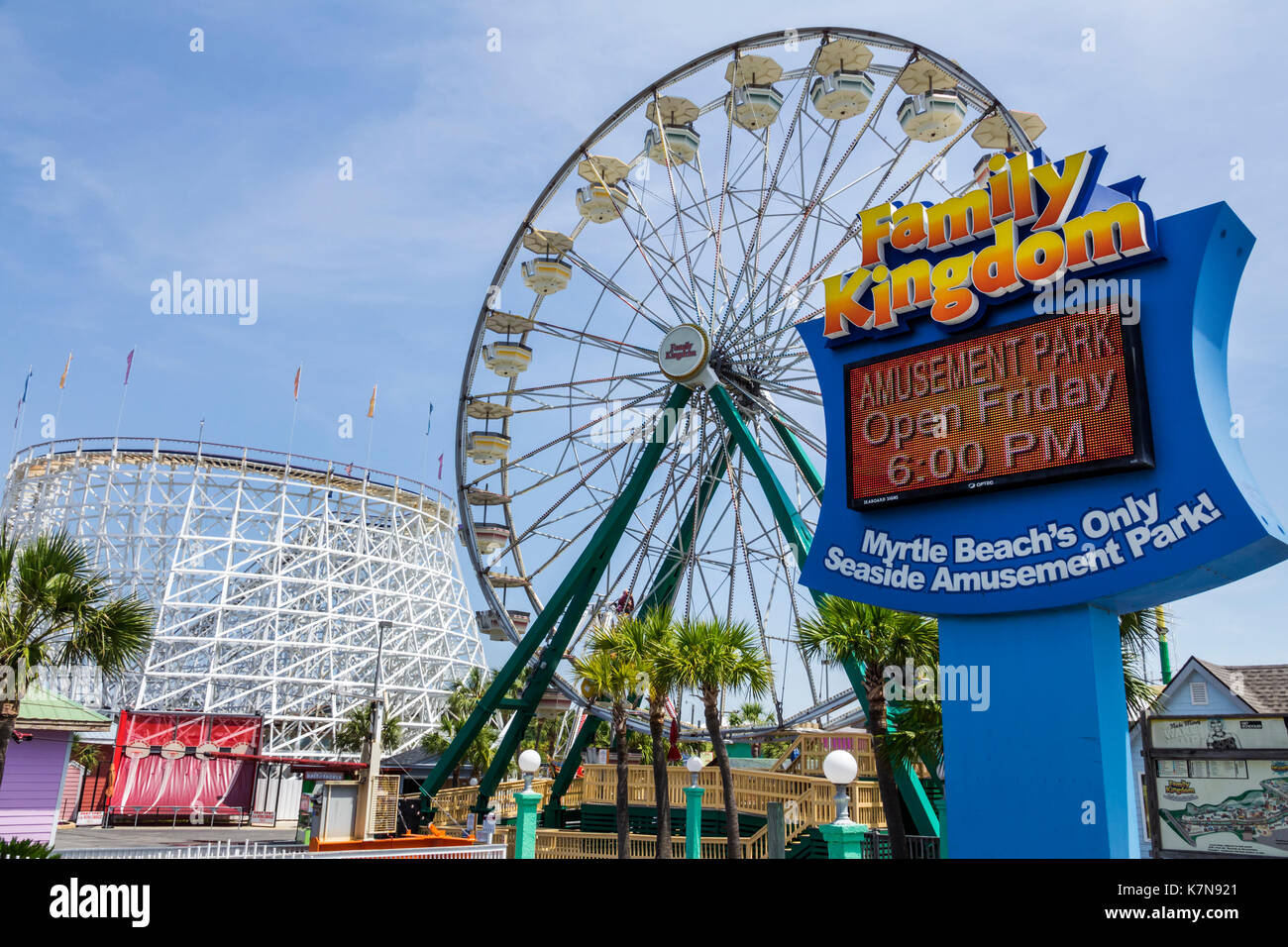 Myrtle Beach South Carolina,Atlantic Ocean water,North Ocean water Boulevard,Family Kingdom,seaside amusement park,Ferris wheel,rollercoaster,visitors Stock Photo