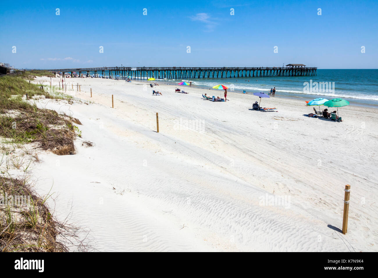 Myrtle Beach South Carolina,Atlantic Ocean,Myrtle Beach State Park,sand,fishing pier,dune,sunbathers,SC170516118 Stock Photo