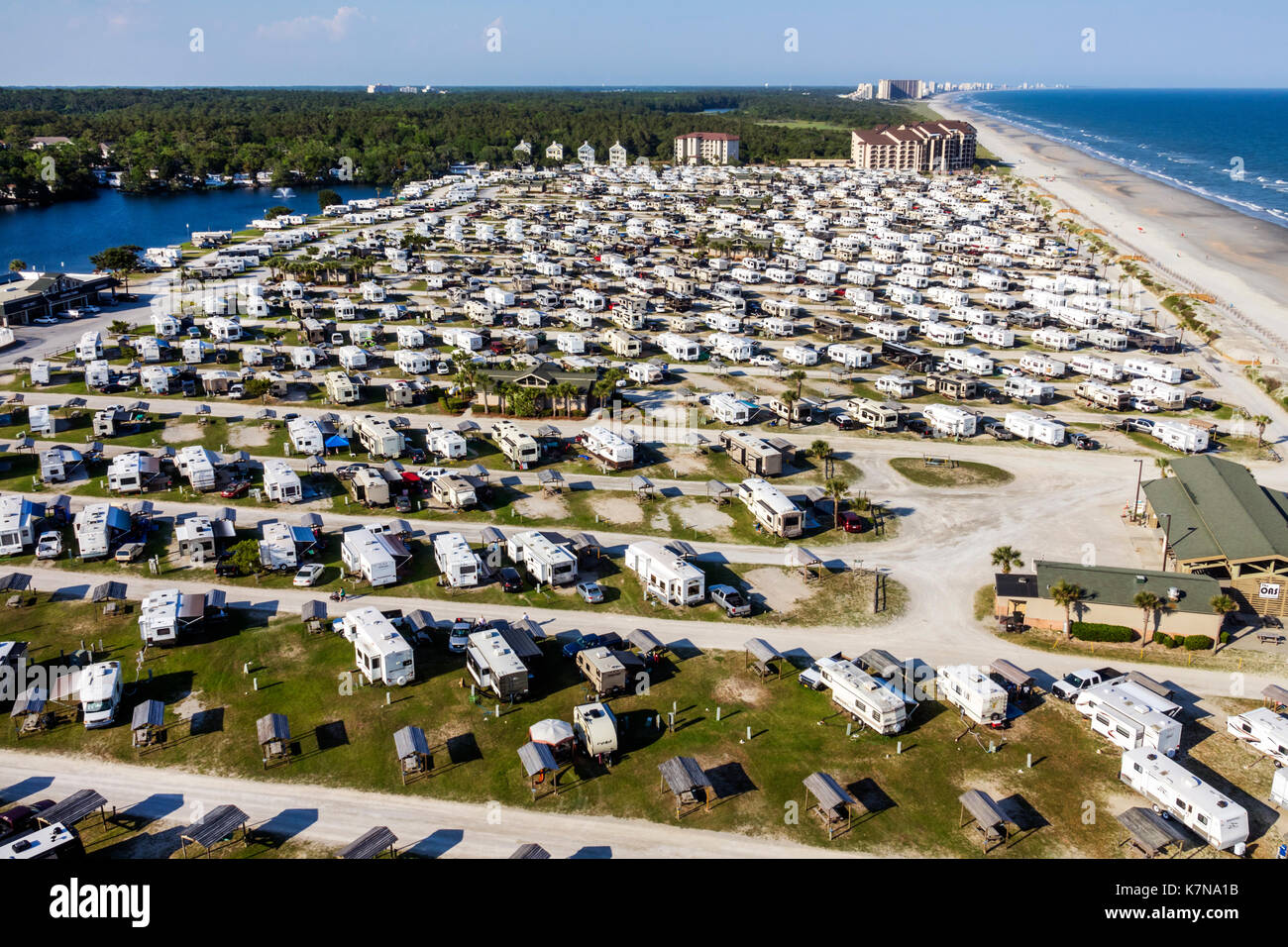 South Carolina,Myrtle Beach RV Travel Park,recreational vehicles trailer caravan park campground aerial overhead above trailers, Stock Photo