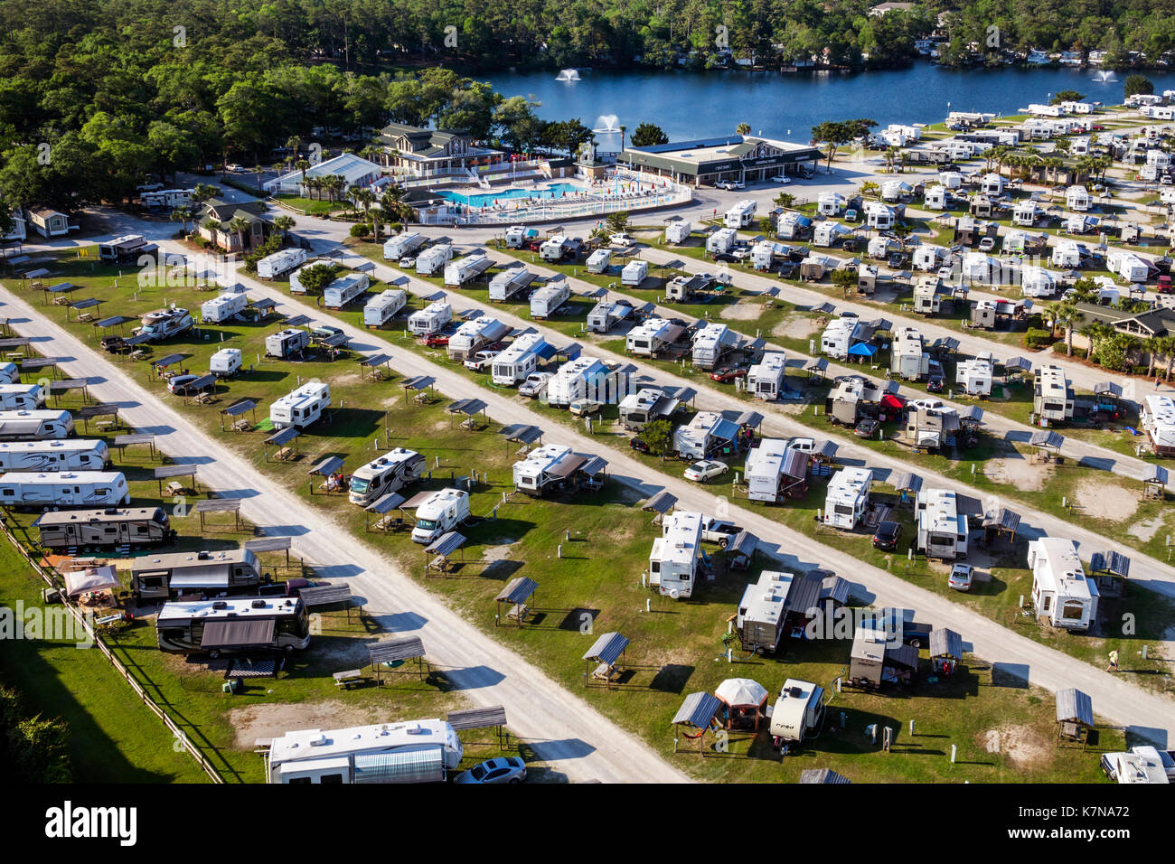 South Carolina,Myrtle Beach RV Travel Park,recreational vehicles trailer caravan park campground aerial overhead above trailers, Stock Photo