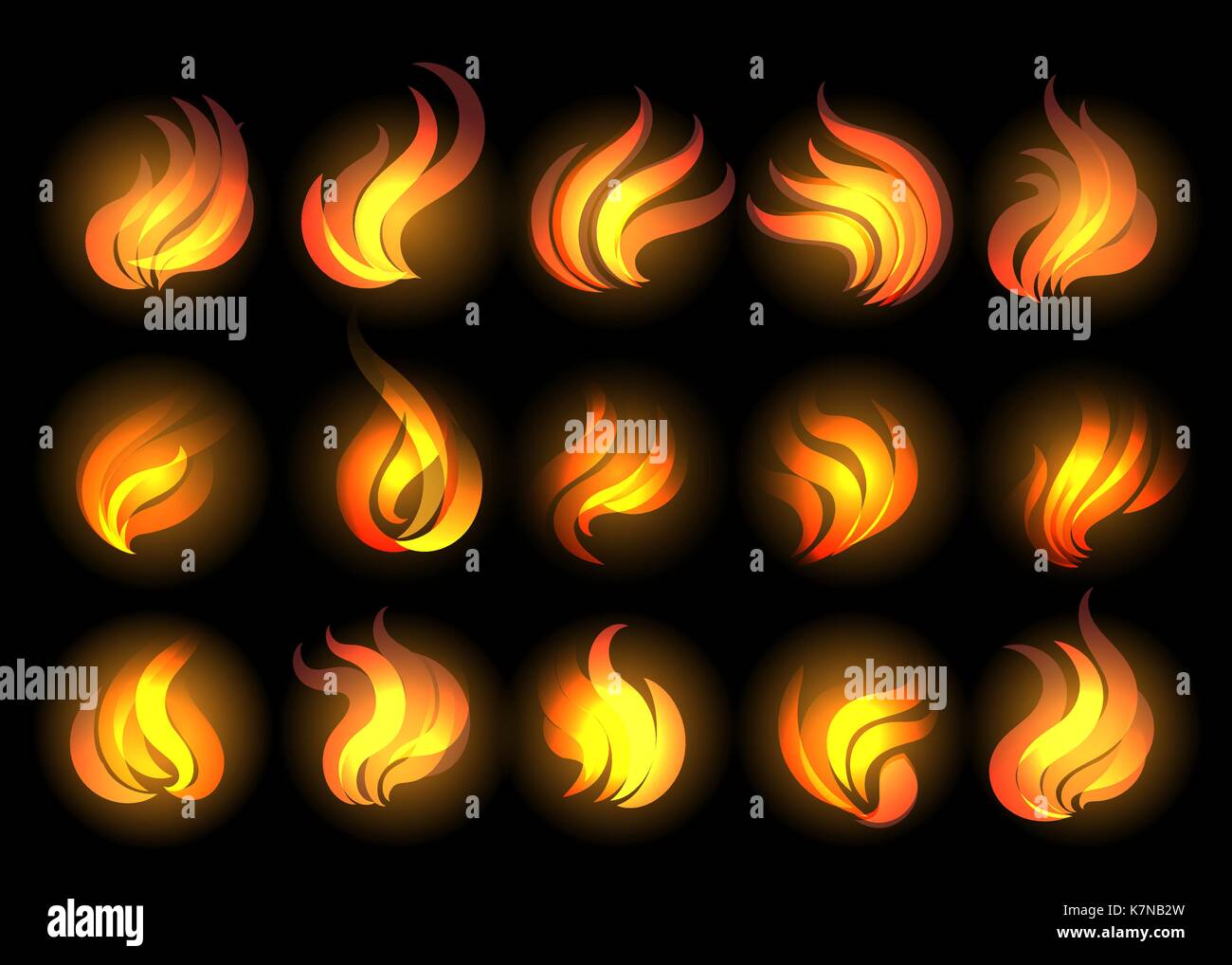 Set of fire flames drawn in cartoon style. Vector Illustration. Stock Vector