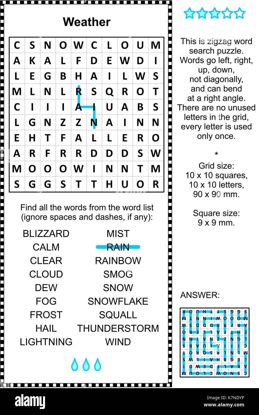 Weather themed word search puzzle. Answer included. Stock Vector