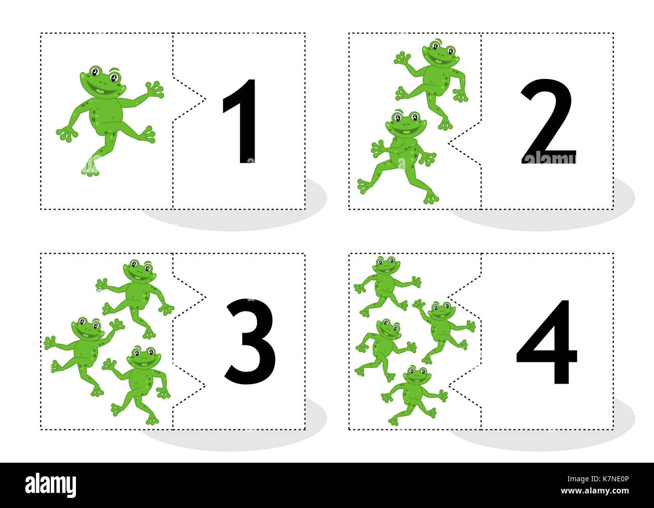 Learn counting 2-part puzzle cards to cut out and play, frogs themed, numbers 1 - 4 Stock Vector