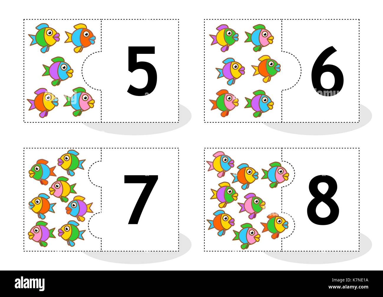 Learn counting 2-part puzzle cards to cut out and play, fish themed, numbers 5 - 8 Stock Vector