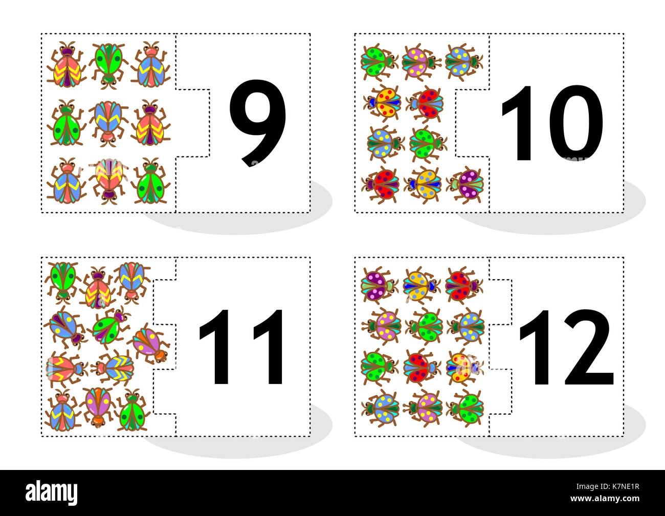 Learn counting 2-part puzzle cards to cut out and play, bugs and beetles themed, numbers 9 - 12 Stock Vector