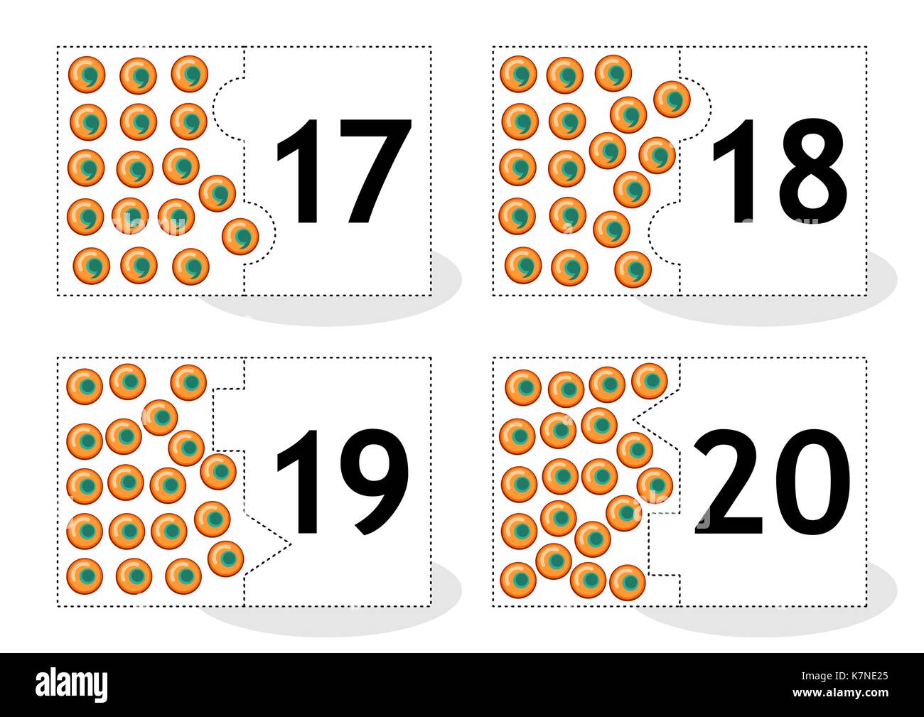 Learn counting 2-part puzzle cards to cut out and play, frog eggs themed, numbers 17 - 20 Stock Vector