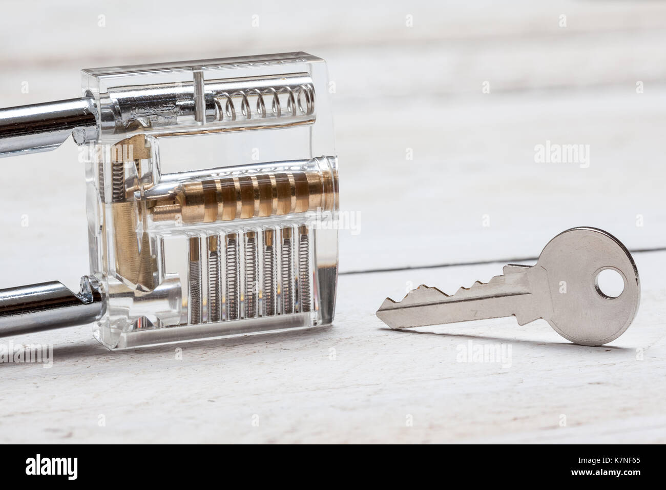 You see it inside work through a clear padlock with key Stock Photo