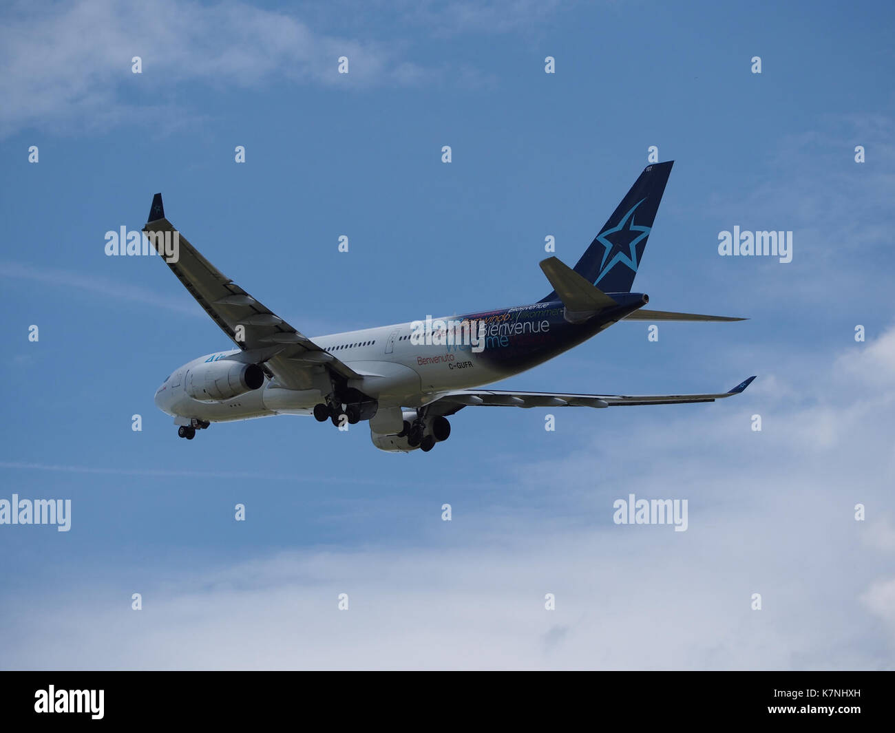 Air Transat Airbus A330-243, registration C-GUFR, taking off from Amsterdam Airport Schiphol (AMS/EHAM) in the Netherlands. The Airbus A330-243 is a wide-body twin-engine airliner known for its efficiency on medium to long-haul routes. Stock Photo