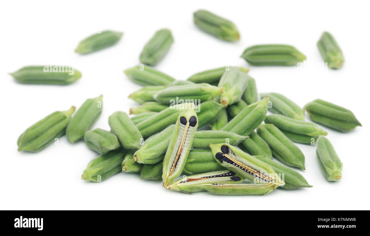 Sesame seeds with green pods over white background Stock Photo