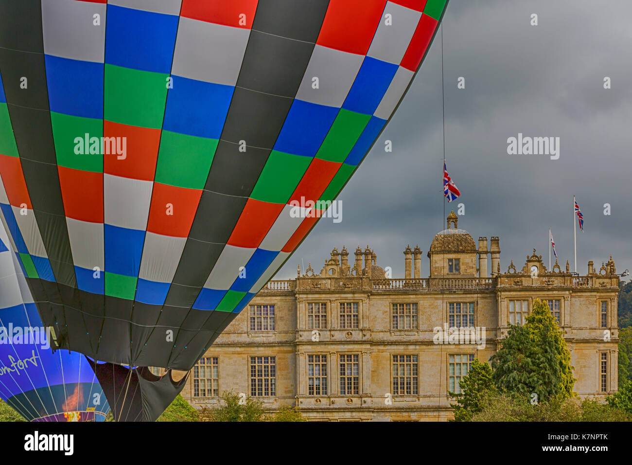 Hot Air balloons in front of Longleat House at Sky Safari hot air balloons festival at Longleat, Wiltshire UK in September Stock Photo