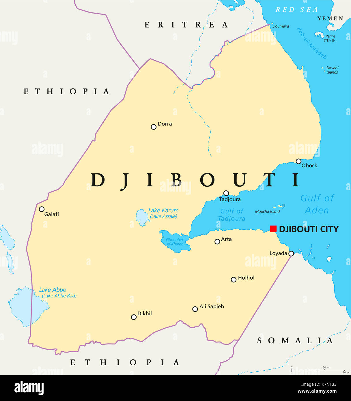 Djibouti political map with capital Djibouti City, borders and important cities. Republic and country in the Horn of Africa. Illustration Stock Photo