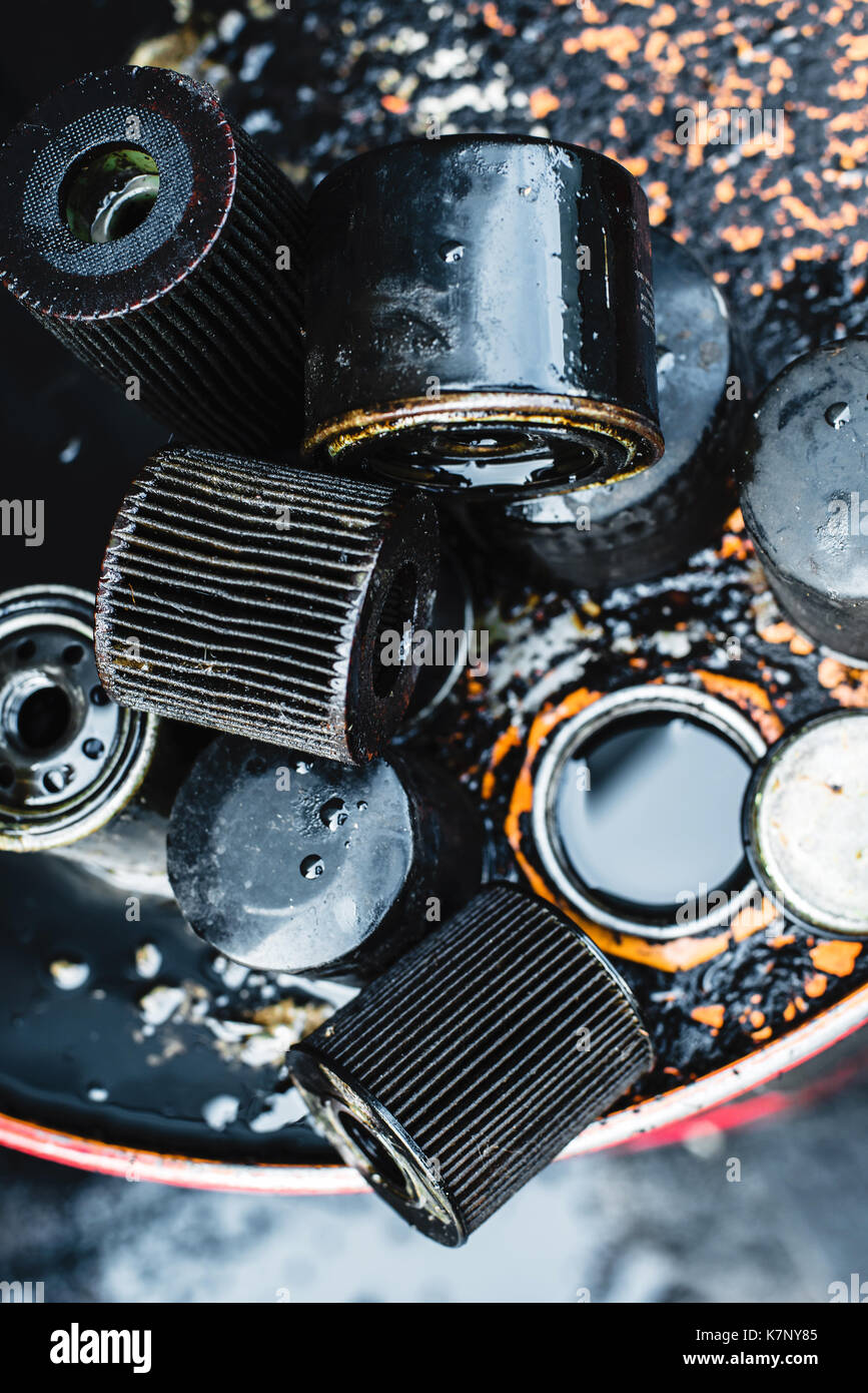 Used oil filters for low depth of field Stock Photo Alamy