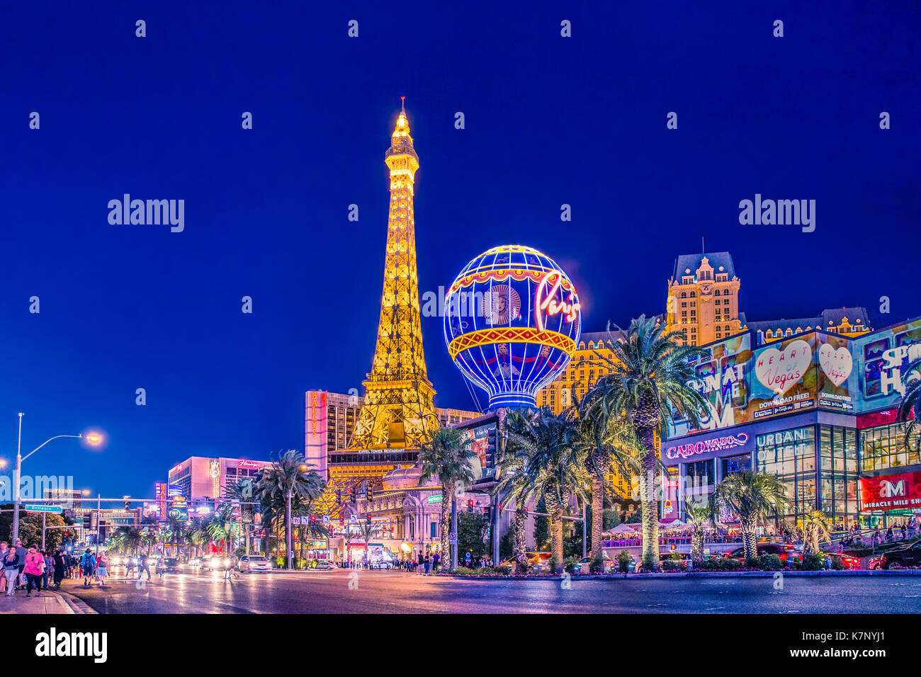 LAS VEGAS, NEVADA - MAY 17, 2017: Beautiful night view of Las Vegas with Paris Resort Casino and hotels in view. Stock Photo
