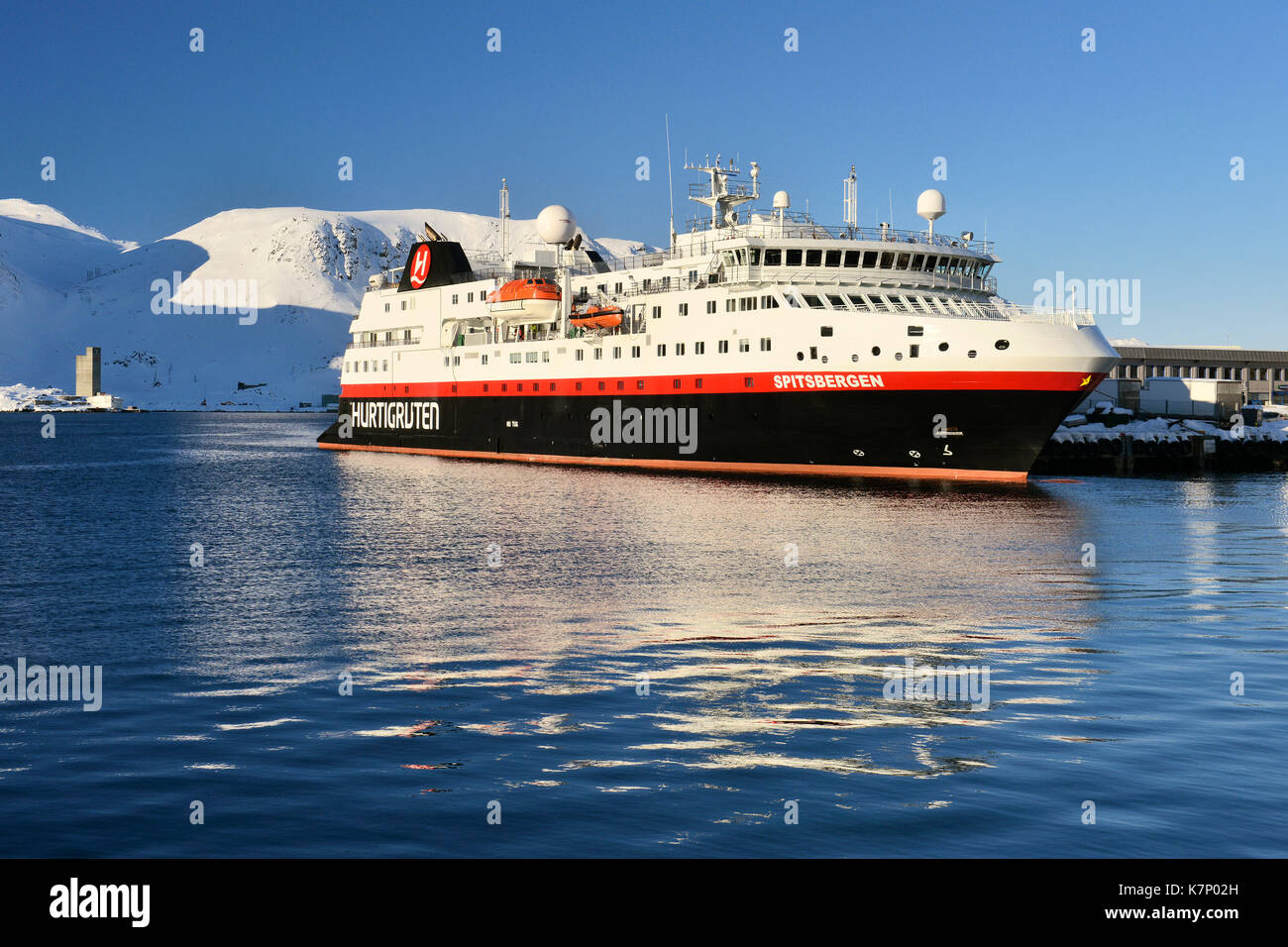 Hurtigruten mailboat Spitsbergen in the Arctic Ocean, Honningsvåg, Finnmark, Norway Stock Photo
