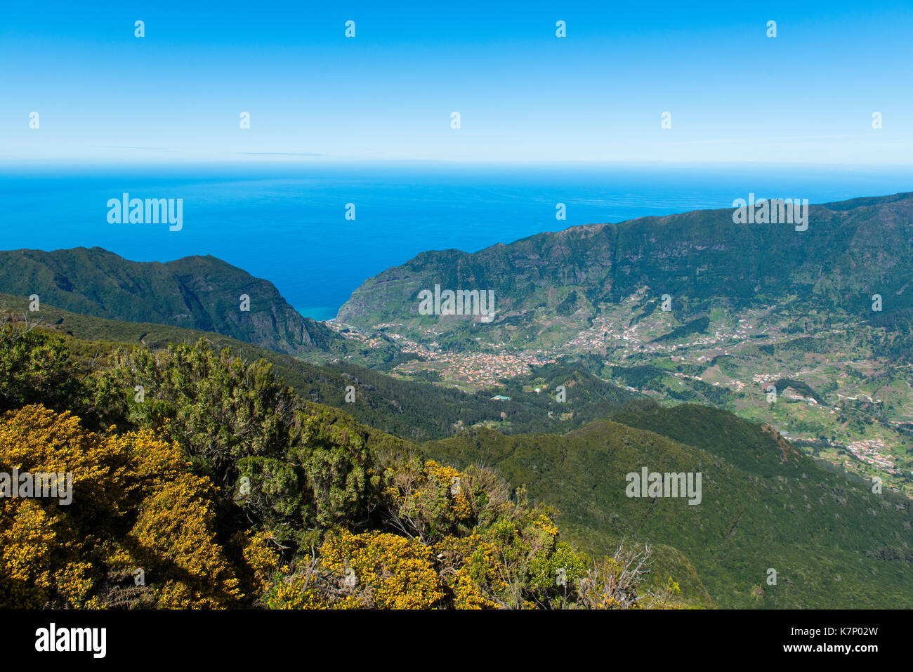 View to the Atlantic Ocean from the mountain Bica de Cana, plateau Paul da Serra, island Madeira, Portugal Stock Photo