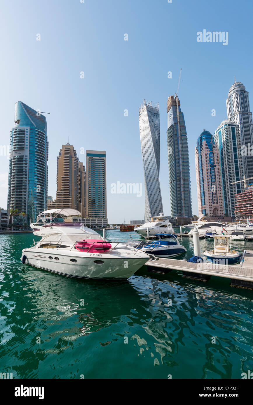 Marina in front of skyscrapers, Dubai Marina, Dubai, United Arab Emirates Stock Photo