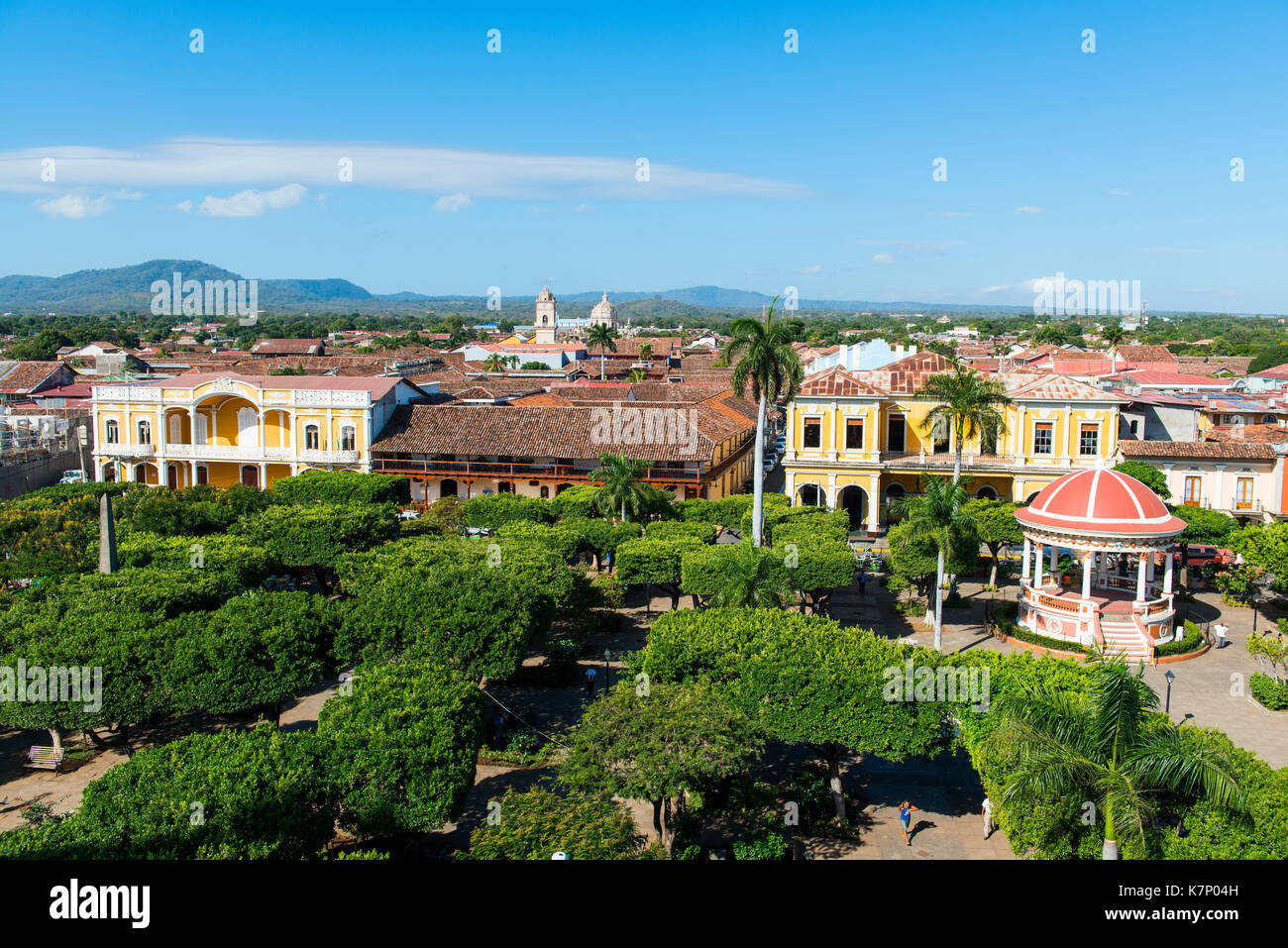 View from the cathedral Nuestra Senora de la Asuncion to the houses at the Parque Central, Old Town, Granada, Nicaragua Stock Photo