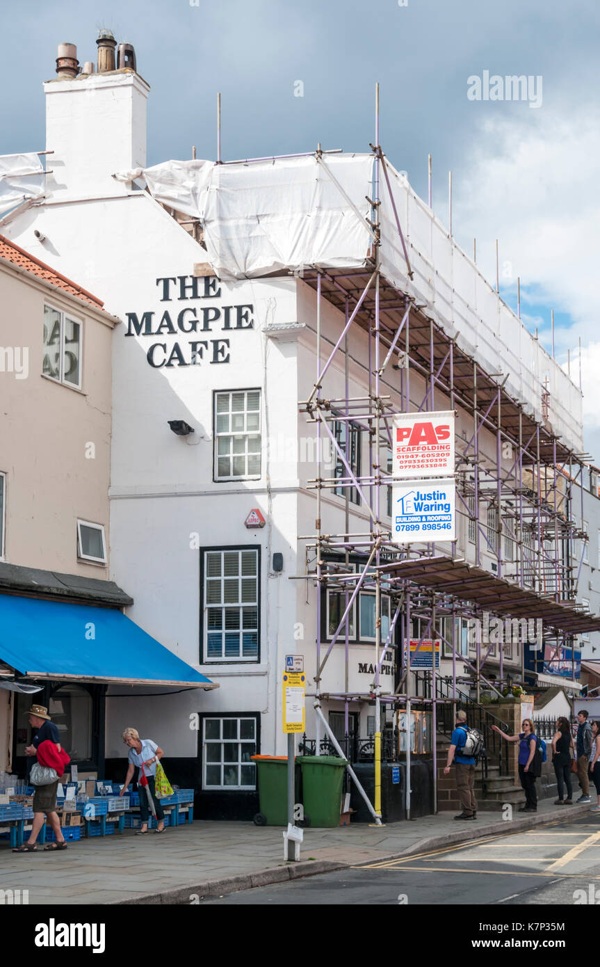 The Magpie Cafe in Whitby undergoing repair following a fire. Stock Photo