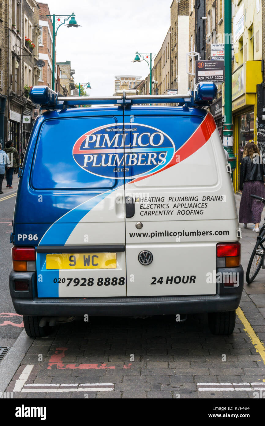 A Pimlico Plumbers van with a plumbing-related number plate. Stock Photo