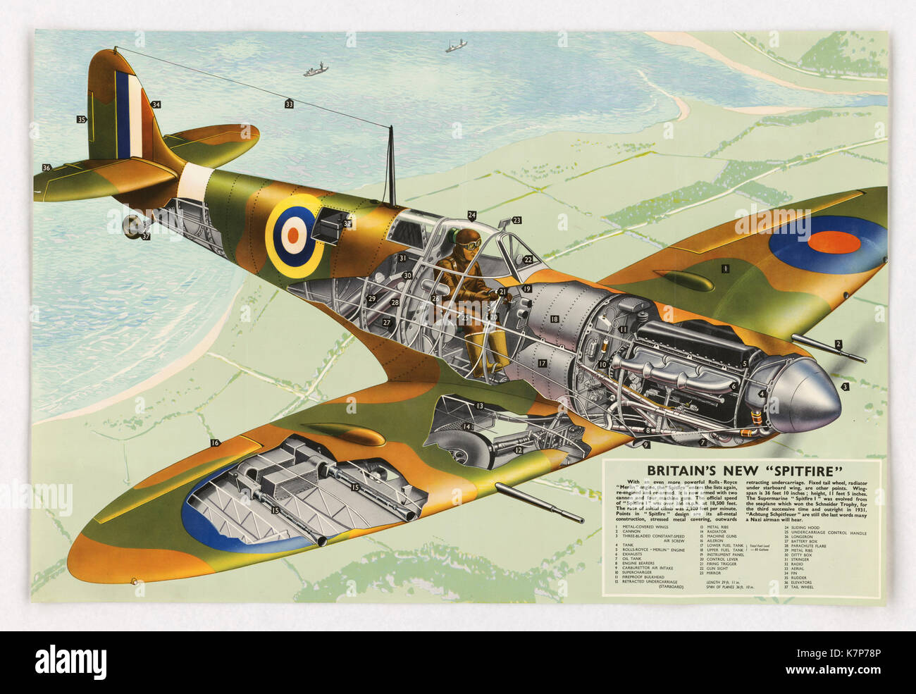 World War II-era poster touting the new Supermarine 'Spitfire I,' Britain's New Spitfire,' England, 1940. Stock Photo