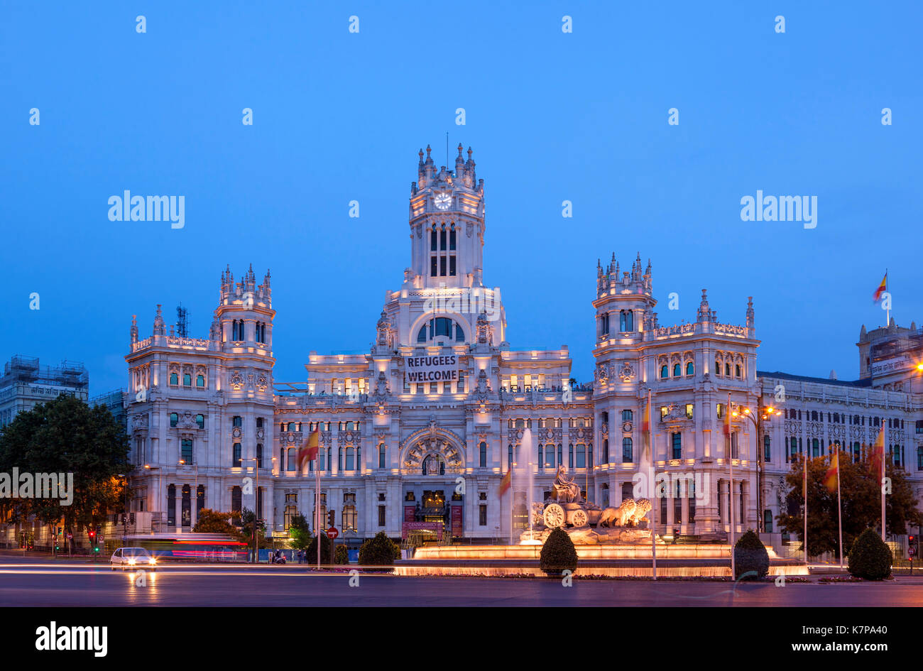 The Cibeles square in Madrid, Spain. There is the Palacio de Cibeles (Palace of Cybele) and the fountain of the goddess Cybele. Stock Photo