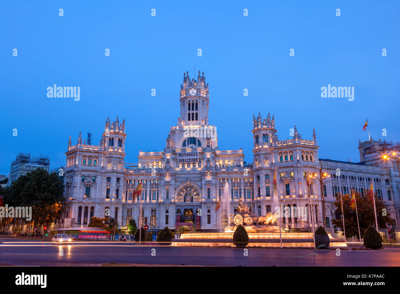 The Cibeles square in Madrid, Spain. There is the Palacio de Cibeles (Palace of Cybele) and the fountain of the goddess Cybele. Stock Photo
