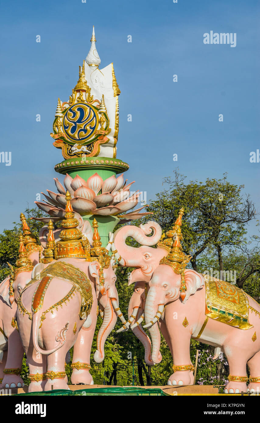 White elephant monument displayed to honour of the Thai King Bhumibol Adulyadej 84th birthday celebration, Bangkok, Thailand Stock Photo