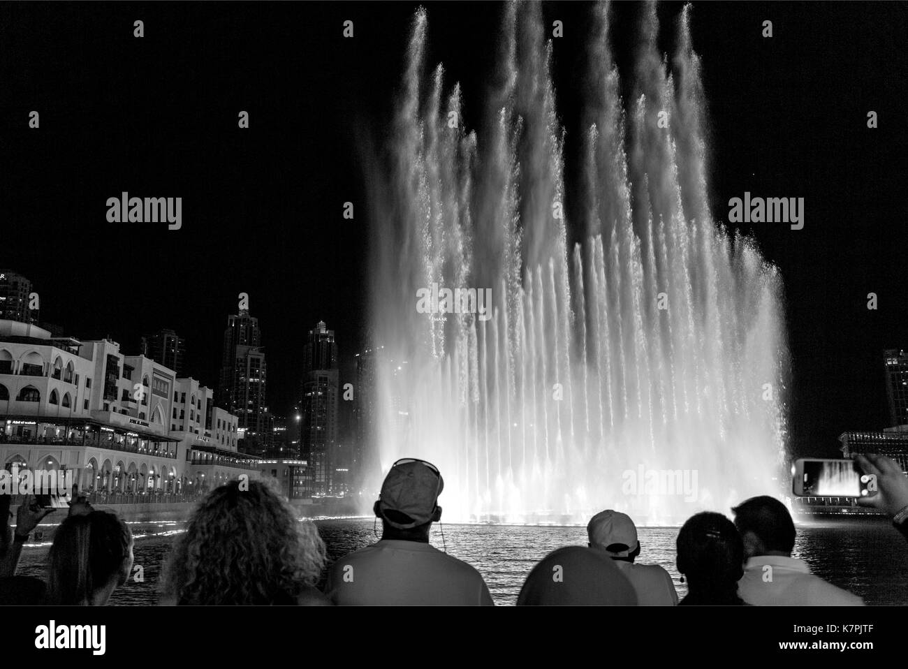 The Dubai Fountain is the world’s second largest choreographed fountain with a breathtaking show of sights and sounds. Stock Photo