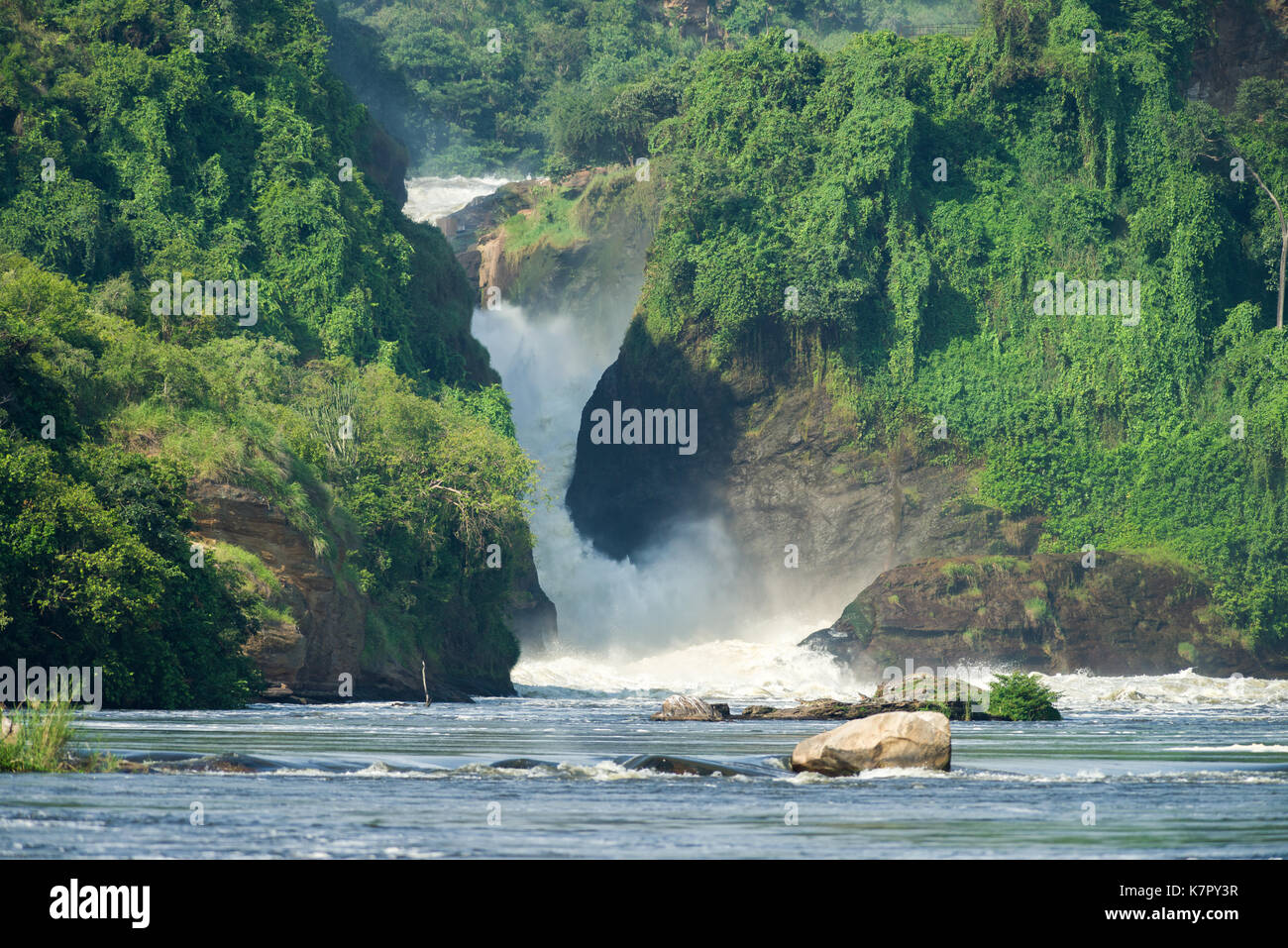 View of Murchison falls as the Victoria Nile river flows over it, Uganda Stock Photo