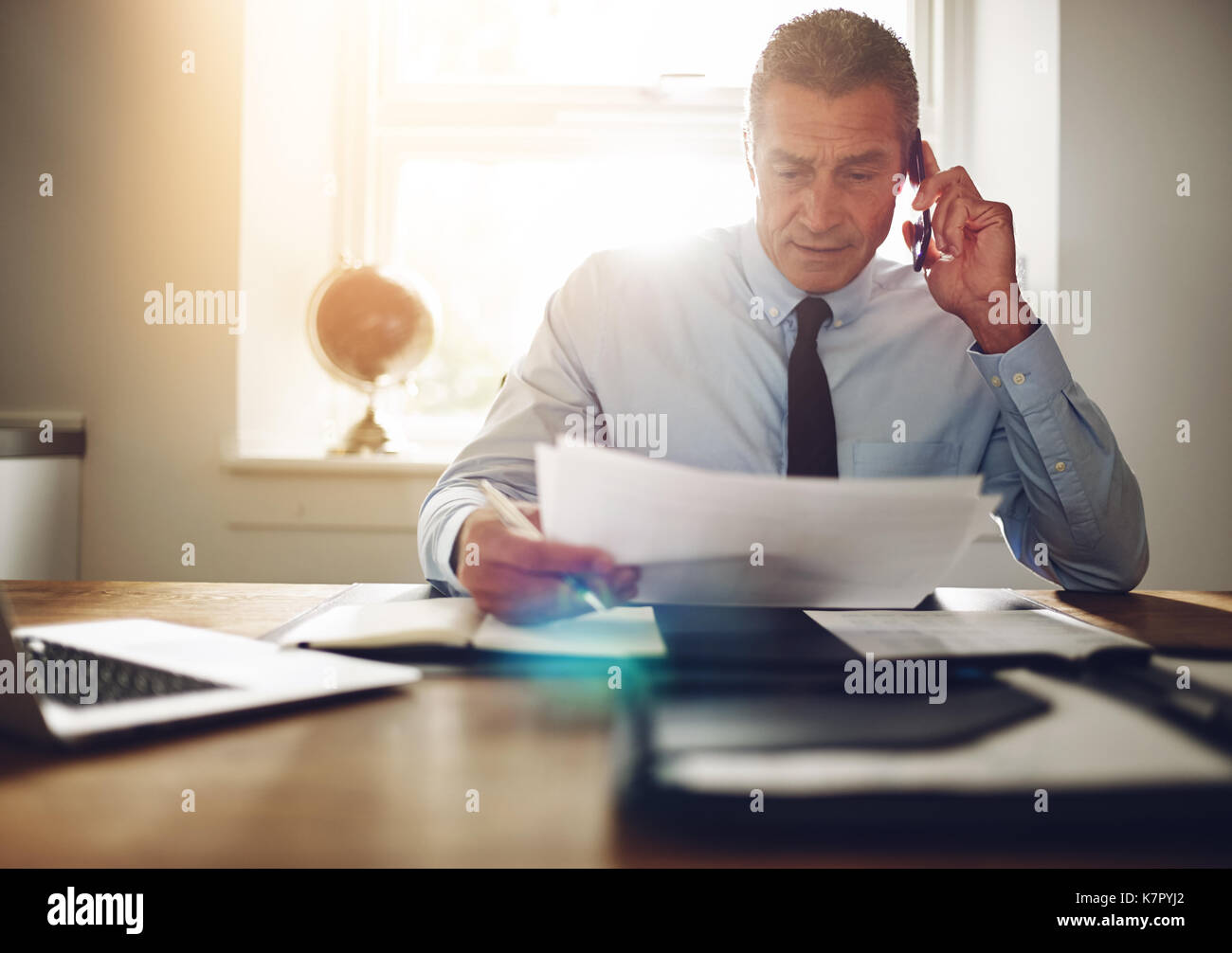Mature executive discussing documents over the phone while working at his desk in an office Stock Photo