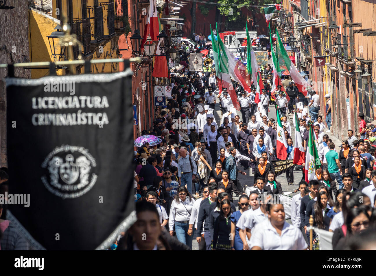 A parade through the historic district during Mexican Independence Day celebrations September 16, 2017 in San Miguel de Allende, Mexico. Stock Photo