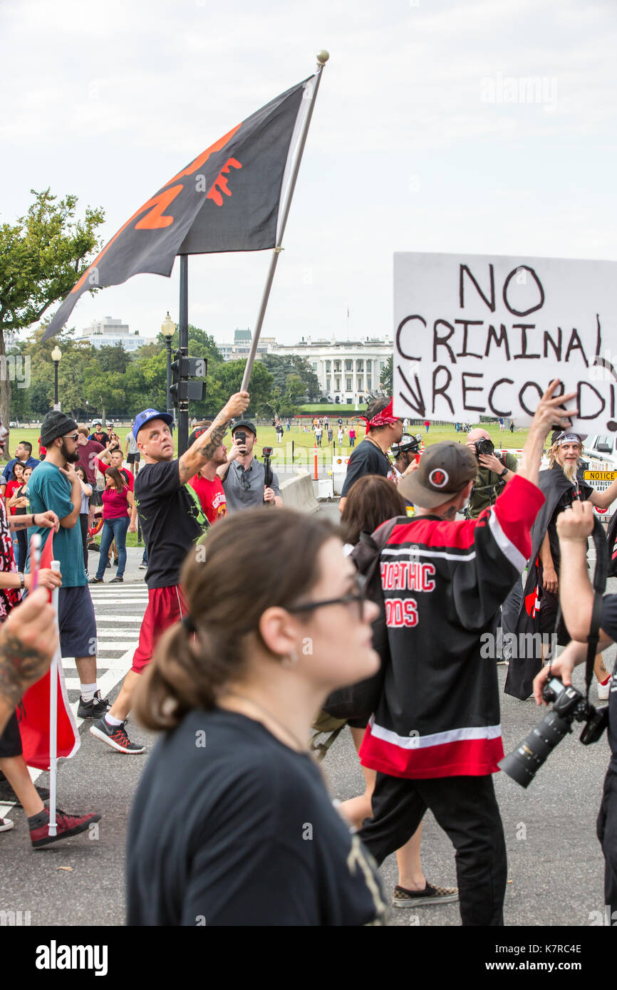 WASHINGTON, DC - September 16, 2017: Fans of the music group 'Insane Clown Posse,' called Juggalos, march in front of the White House during the Juggalo March on Washington 2017.  The group gathered in Washington, DC to protest their FBI designation as a criminal gang. Credit: Jeffrey Willey/Alamy Live News Stock Photo
